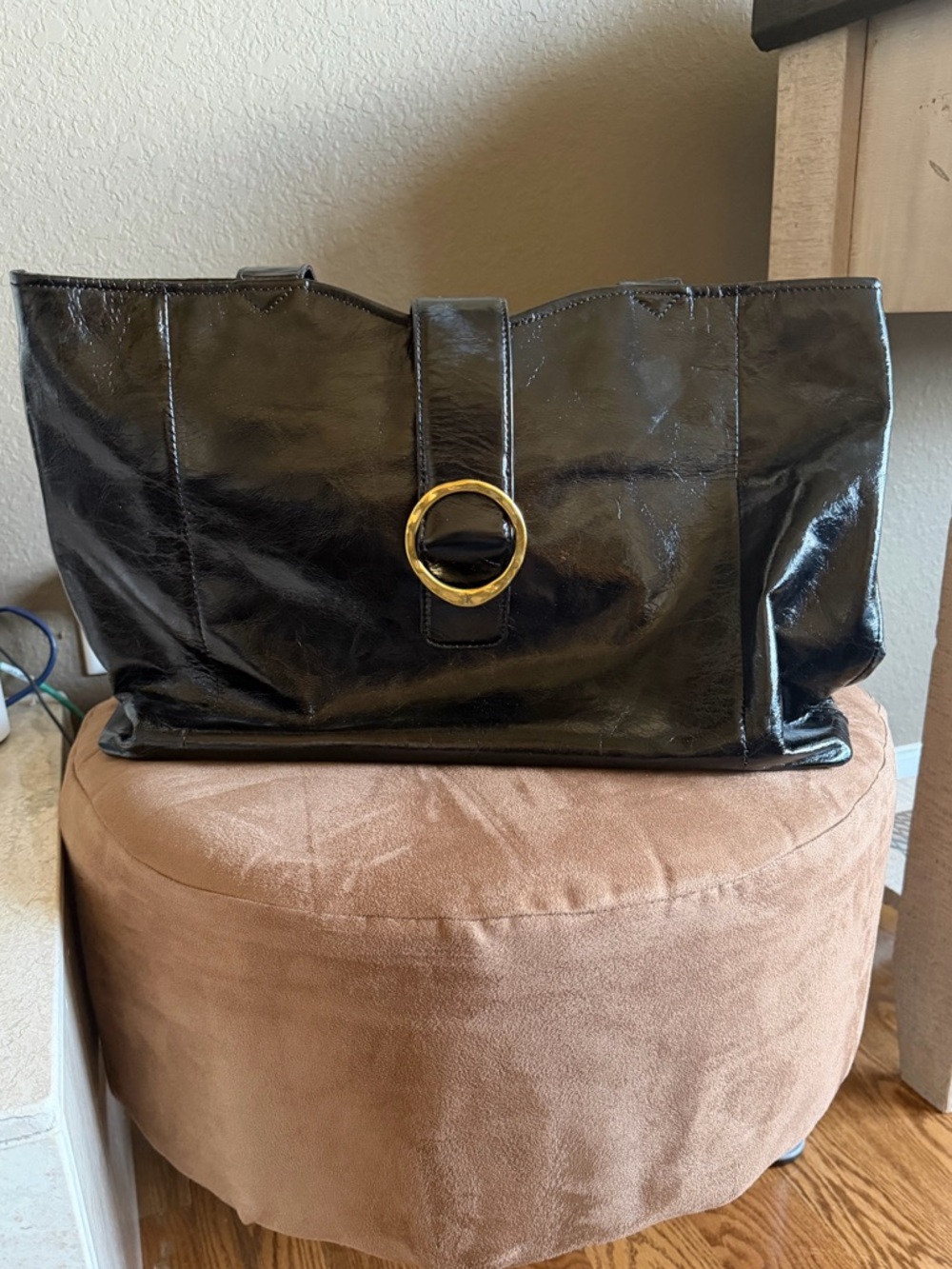 HOBO Black Patent Tote with Gold Ring Accent